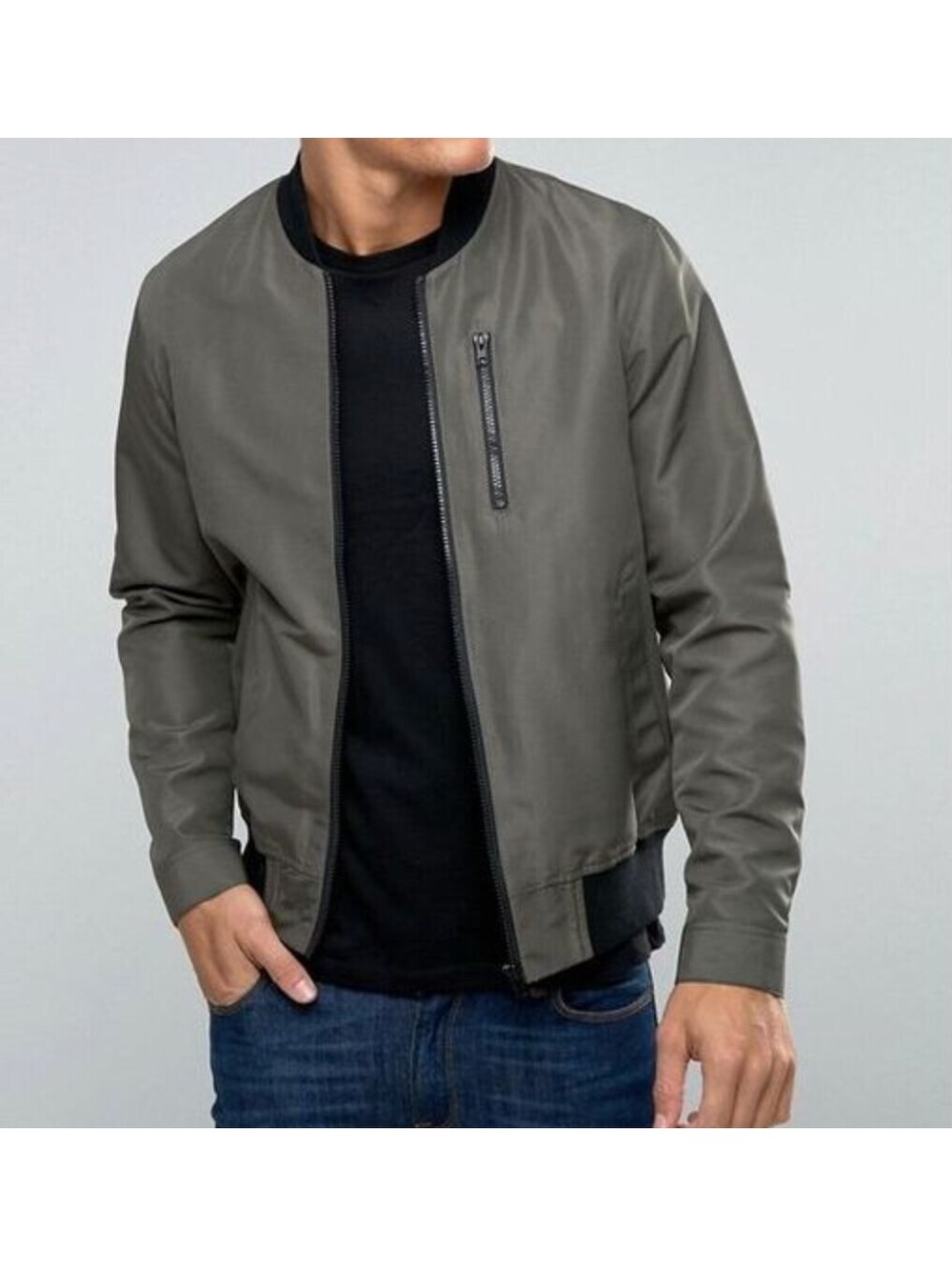 ASOS Olive Green Black Bomber Jacket Medium Zip Lightweight Flight Jacket M
